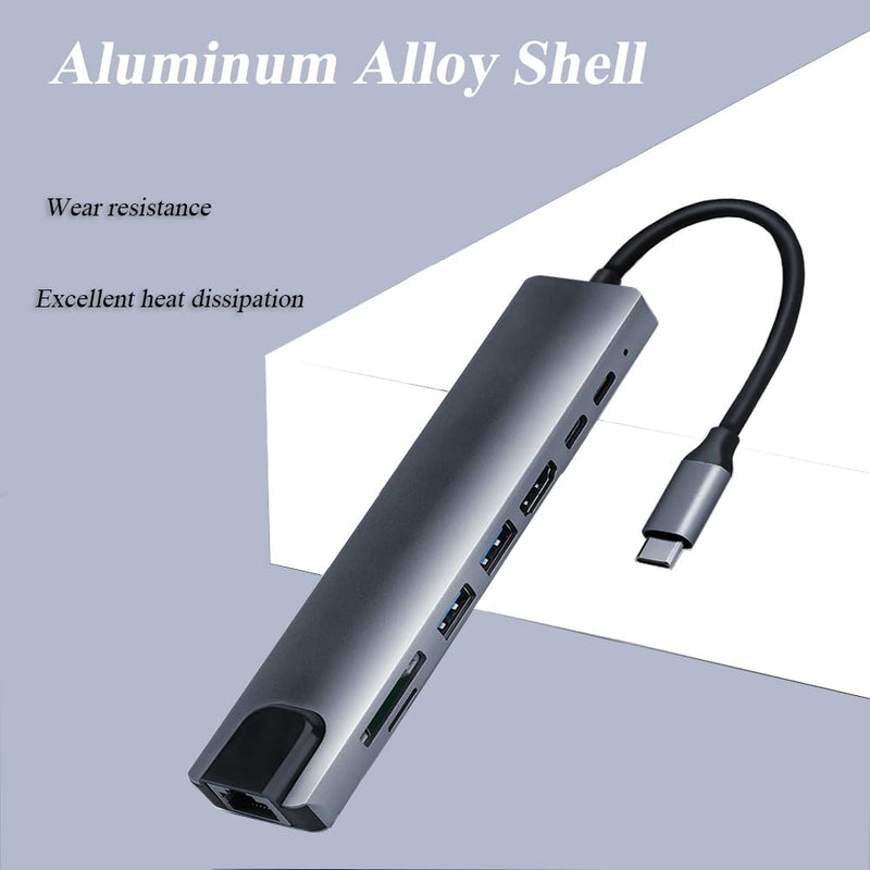 8 in 1 USB C Adapter, 4K@30Hz HDMI Output Multi-Port Type C Hub, Fast Charging USB C Converter with Ethernet Port, SD/TF Card Reader, Type C Docking Station Compatible with Laptops, Mouse, Keyboard