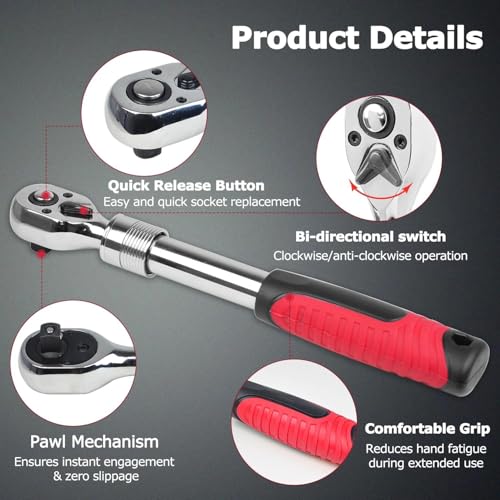 Extendable Ratchet Wrench Set, 1/4 3/8 1/2''Flex Head Socket Ratchet Wrench