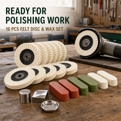 16-Pc Wool Felt Polishing Wheel Set for Angle Grinder, 4-1/2 in