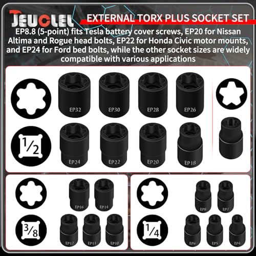 19PCS External Torx Plus Socket Set, 1/2” 3/8” 1/4'' Dr. EP Sockets 19-Piece Set