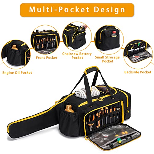 Chainsaw Case, Durable Chainsaw Bag with Removable Spill-proof & Wipe-clean Tray, Chainsaws Carrying Case Compatible with Greenworks, EGO Power+, Dewalt 14''/16''/18'' Cordless Chainsaws & Accessories Black With Yellow
