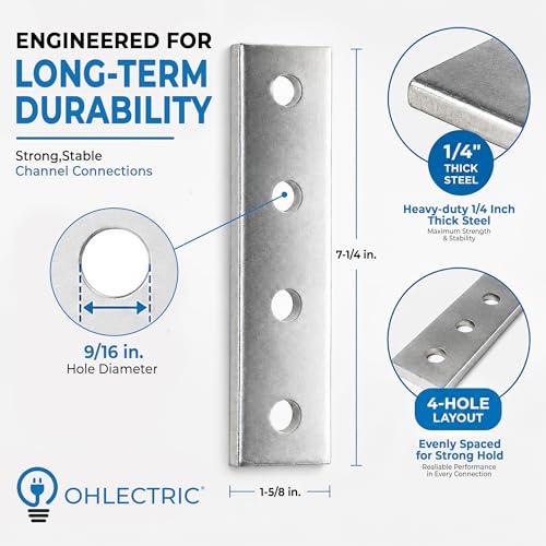 OHLECTRIC (5 Pack) 4-Hole Joist Splice Plates – Premium Zinc Electroplated Steel | 1-5/8" x 1/4", 9/16" Holes – Heavy-Duty Brackets for Wood, Metal, Framing & Furniture Repair 4 Hole Splice Plate