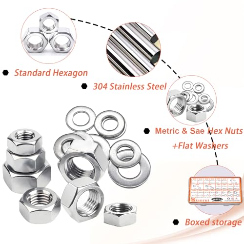 Dianrui 588PCS Metric & SAE Hex Nuts and Washers Assortment Kit, Assorted Nuts Washers 304 Stainless Steel (2#56 4#40 6#32 8#32 10#24 10#32 12#24 1/4-20 5/16-18 3/8-16 7/16-14 1/2-13 M2-M12) 21 Sizes 588PCS Metric&SAE Kit