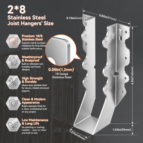 2x8 Joist Hangers Stainless Steel, 18 Gauge 2X8 Brackets (14 Pack) 2x8 Stainless Steel Joist hangers-14 pcs