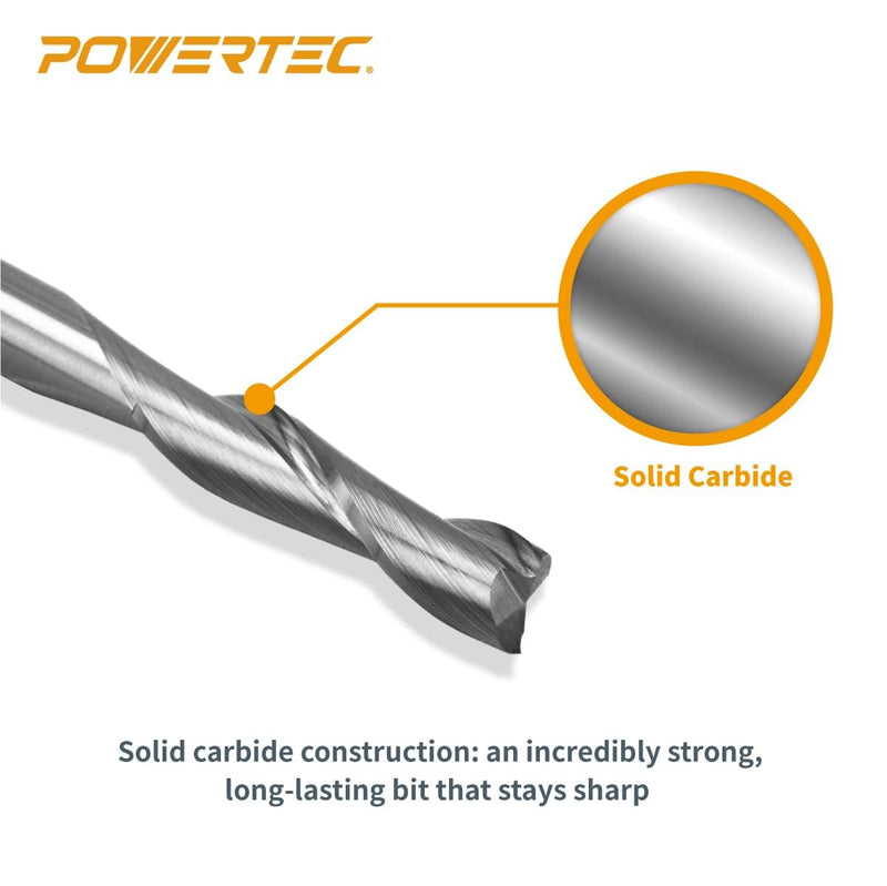 POWERTEC 73059 Spiral Router Bit and Router Subbase Centering Pin Set | Up Cut Solid Carbide CNC Router Bit 1/4" Diameter 1/4" Shank Bit + 1/2"&1/4"&1/4" Pins