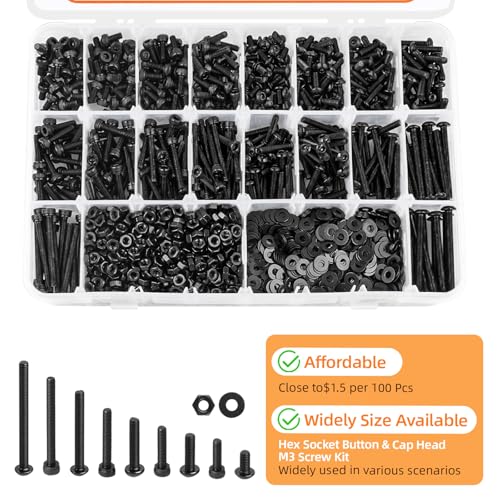 1600 PCS M3 Screw Kit, Hex Button Socket & Cap Head M3 Metric Screw Assortment Kit, Grade 12.9 Alloy Steel Assorted M3 Bolts and Nuts Machine Screw Set for DIYers, 3D Printing 1600Pcs M3 Size