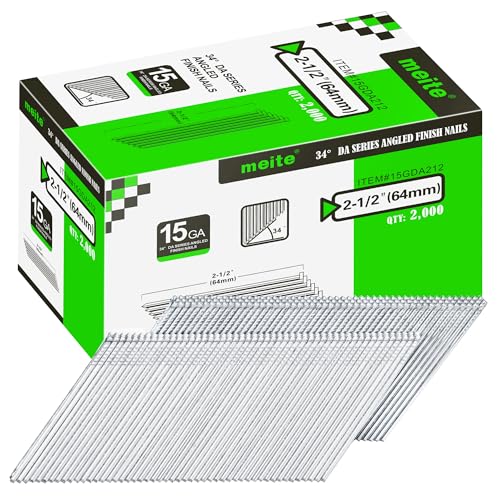 meite 15 Gauge 34 Degree Finish Nails Set 2-1/2 Inch & 1-1/4 Inch Galvanized Angled Finishing Nails Kit for Finish Nailer Gun - Cabinet Crown Baseboard Triming