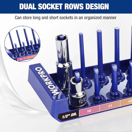 WORKPRO Socket Organizer Set, 8PC 1/4" 3/8" 1/2" Drive Socket Holder 8 Pieces-1/4", 3/8", & 1/2" DR, SAE & Metric