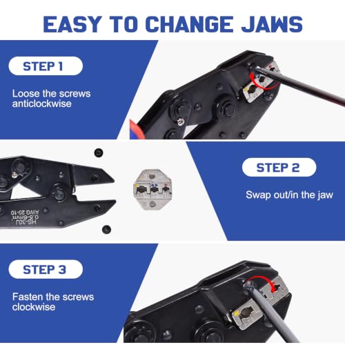 Wire Crimping Tool,6 Interchangeable Dies Crimper,for AWG22‑10 Heat Shrink,Insulated Nylon,AWG22‑6 Non‑Insulated Cable Lugs,AWG20‑10 Open Barrel Terminals,AWG24‑8 Ferrules,AWG14‑10 Solar Connectors 6