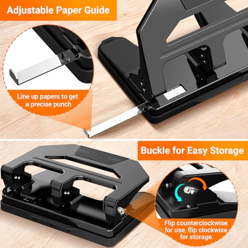 AFMAT Heavy Duty 3 Hole Puncher, 40-Sheet Paper Punch Heavy Duty, 50% Reduced Effort Three Hole Punch, 10K+ Uses, Metal Hole Puncher 3 Ring w/Large Tray, Bulit-in S.S. Paper Guide HPX2(Black) Black 40-Sheet Capacity