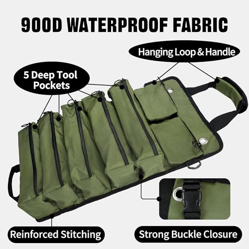 2-Piece Tool Bag Set, Black Roll-Up Waterproof Tool Organizer & Army Green Small Tool Pouch, Heavy-Duty Tool Storage Combo for Electrician, Mechanic, Carpenter, and DIY Projects