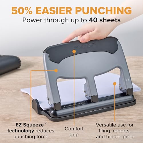 Bostitch EZ Squeeze Heavy Duty 3 Hole Punch, 40 Sheet Capacity, Slate