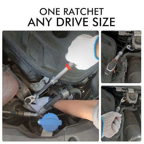 Extendable Ratchet Wrench Set with 1/4", 3/8", and 1/2" Drive Adapters, 72-Tooth Fine Ratcheting, 180° Flex-Head for Tight Spaces