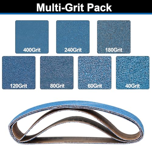 3x21 Inch Sanding Belts, 21 Pcs 7 Grits Sizes (3 Each Of 40/60/80/120/150/240/400 Grits) Zirconia Belt Sander Paper for Woodworking Metal Paint Polishing, Stainless Steel, Cars, And Furniture 1
