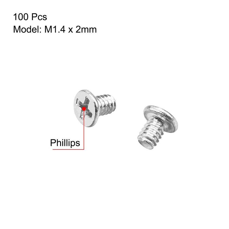 uxcell M1.4x2mm Phillips Screw Fastener Silver Tone 2.5mm Dia Screw Head for Laptop PC TV Fan Switch 100pcs