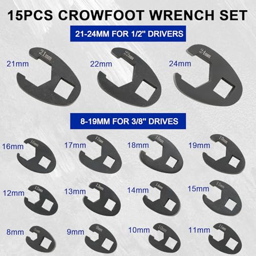 DASBET Crowfoot Wrench Set for 8mm to 24 mm Flare Nuts 15PCS