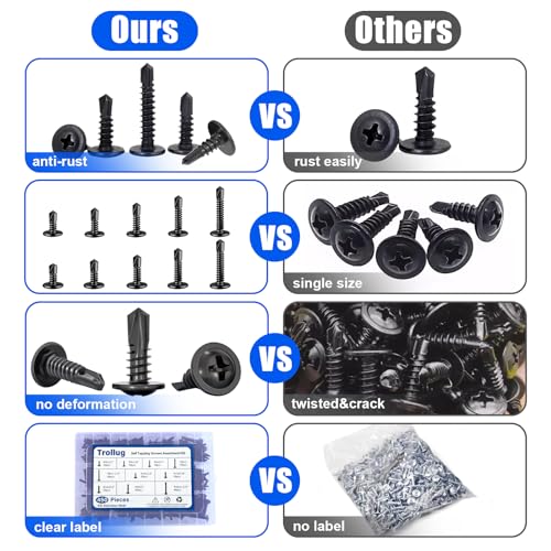 450PCS Self Tapping Screws for Metal, 410 Stainless Steel Self Drilling Screws #8#10 Truss Head Sheet Metal Screws Assortment Kits, Length 1/2"" to 1-1/4'' (Black) Black