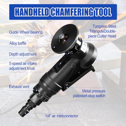 Pneumatic Chamfering Tool Handheld, Mini Air-Powered Chamfering Machine Trimming, 30000 RPM 45° Arc Corner with 1/4 Inch Air Inlet for Trimming Chamfer Deburring (C&R Angle Blades) C&R Angle Blades