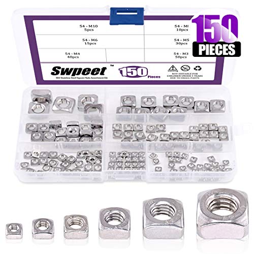 Swpeet 100Pcs 304 Stainless Steel Serrated Metric Acorn Cap Nuts Hex Dome Cap and 150Pcs 304 Stainless Steel 6 Sizes Metric Square Nuts Assortment Kit