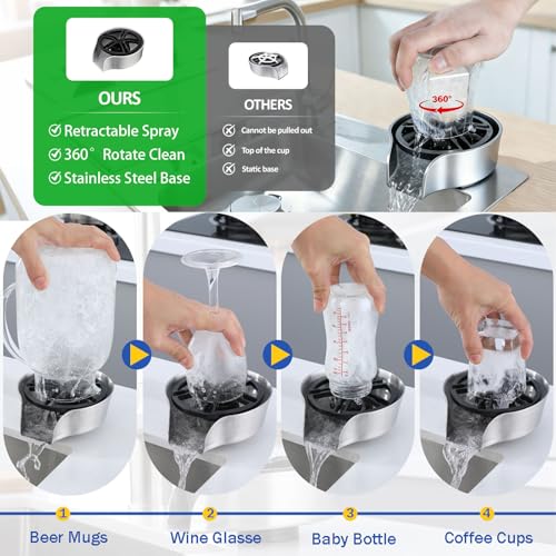 Glass Rinser for Kitchen Sink with Pull-Out Spray, High Pressure 360° Rotating Glass Cup Cleaner Sink Attachment Bottle Washer, Kitchen Sink Accessories Cup Washer Bottle Cleaner for Home Bar, Silver