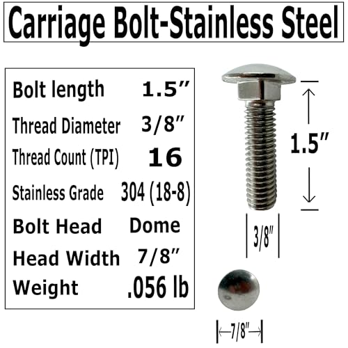 (25) 3/8-16 x 1.5”- 304 (18-8) Grade Stainless Steel Carriage Bolts Screws Dome Head Nuts & Washers Included for Trailer Deck Floors headboards-Rust Resistant by BRAUNY BOY- Qty (25) 25 Pack