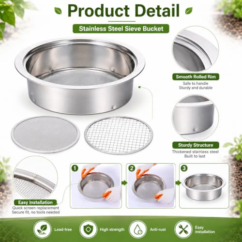 9 PCS Stainless Steel Garden Soil Sifter Set for Rocks Sand Compost