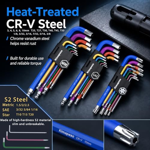 27 PCS Allen Key Set Torx SAE Metric Allen Wrenches Set Long Arm Ball End Hex Key Wrench Sets with T-Handle L-Hex Key Set Metric 1.5 to 10mm SAE 1/16 to 3/8″ Torx T10 to T50 27PCS Torx SAE Metric
