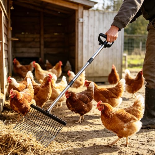 Metal Manure Fork with Adjustable Long Steel Handle Rake Rustproof Hay Fork