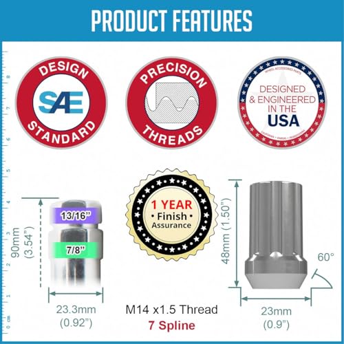Wheel Accessories Parts 24 Pcs M14x1.5 14x1.5 Thread Short Truck 1.50" Long Lug Nuts Chrome 7 Spline for Aftermarket Wheels Fits Jeep Grand Wagoneer Grand Wagoneer ｜ Ram 1500