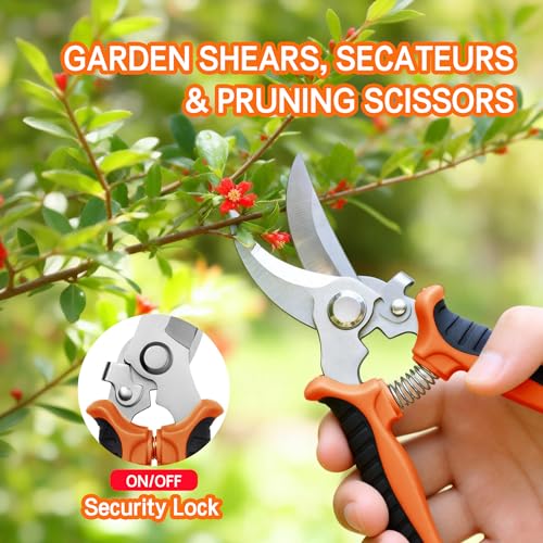 3PCS Garden Pruning Shears Set - Heavy Duty Bypass Pruners, Sharp Stainless Steel Gardening Scissors with Ergonomic Handle, Secateurs for Plants, Flowers, Fruit Trees, Bush Trimming (Orange) Orange