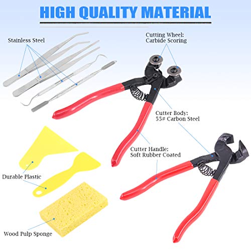 Glarks 9Pcs Mosaic Tools Set, 2Pcs Heavy Duty Wheeled Glass Mosaic Nippers and Tile Cutter Pliers with 7Pcs Mosaic Tile Tools