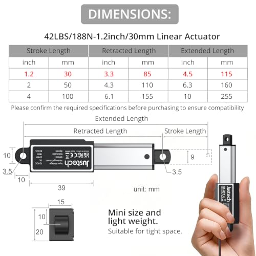 Justech 1.2" 30mm 42lbs 188N 12V Mini Linear Actuator IP54 Waterproof 5mm/s 1.2" / 30mm 42lbs