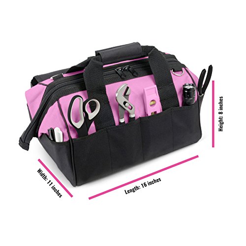 Pink Power Pink Tool Bag for Women -16" Tool Tote Bag w/ 22 Storage Pockets | Womens Small ToolBag Ladies ToolBox for Hand Tools, Power Kits & More - Womens Zipper Toolbag Caddy Organizer