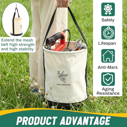 1 Pack 15" x 12" Canvas Tool Bucket Bag, Heavy Duty 150 Lbs Load Capacity, Truck Tool Organizer with Plastic Bottom Metal Hook for Linemen Electricians & Construction Workers (White) White 1