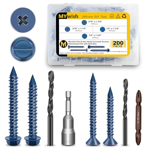 Mywish 200Pcs Concrete Screws Assortment Kit 1/4 3/16 & 190Pcs #8 Pocket Hole Screws, Wood Screws Assortment Kit, Self Tapping Pocket Screws, Block Brick Cement Screws and Anchors