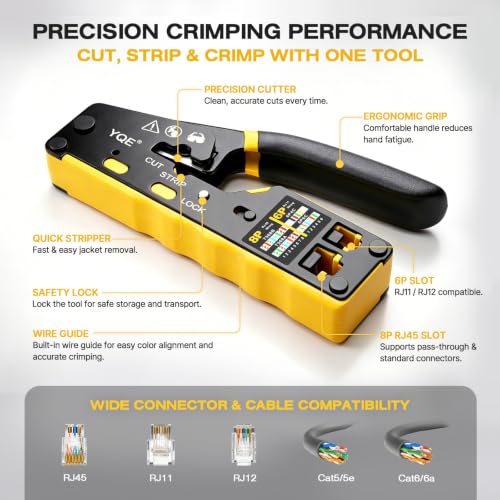 YQE RJ45 Crimp Tool Kit, Pass Through Ethernet Crimper, Crimping Tool, Network Tool Kit for Cat5, Cat5e, Cat6, RJ45, RJ11, RJ12 w/Carrying Case, Cable Tester, Stripper, Cutter, 50 Connectors & Boots 10 IN 1 Set