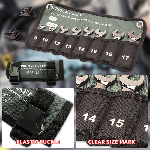 PRIDE&CRAFT 8 Piece Flex Head Stubby Ratcheting Combination Wrench Set, Metric 8-17mm, 90-Teeth, CRV, Nickel Plating with Rolling Pouch