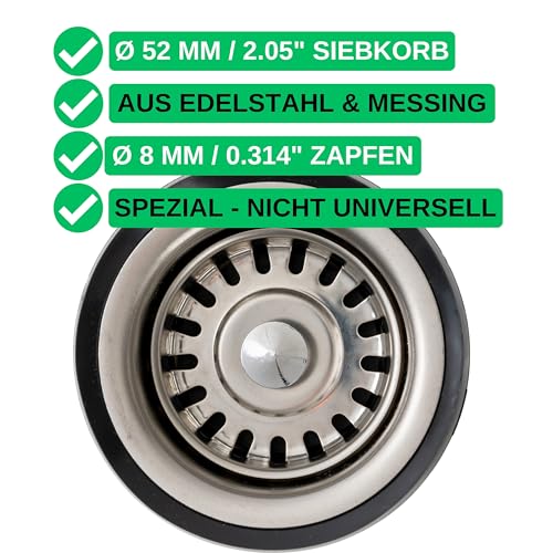 Sink Strainer Basket, 1 Pack, Diameter 52 mm Strainer Basket, Stainless Steel, Eccentric Spigot Protrudes 27-57 mm Deep into the Drain, Diameter 8 mm Pin, Replacement Part for Kitchen Sinks, Kitchen Drain Strainer Ø 52 mm, 27 - 57 mm Pin