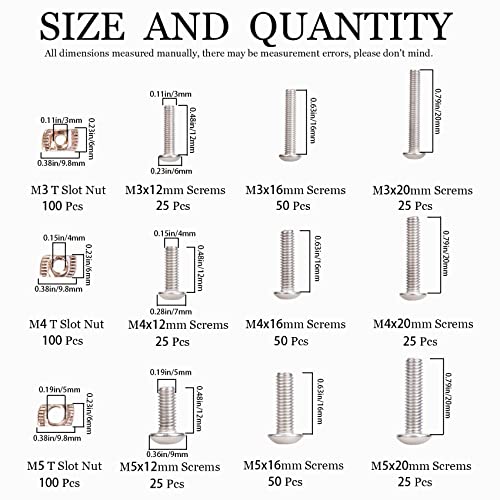 600Pcs M3 M4 M5 2020 Series T Nuts & Button Head Socket Bolts Assortment Kit – Nickel-Plated Carbon Steel T-Nuts & 304 Stainless Steel Button Head Hex Socket Bolts for 3D Printers, CNC, Industrial