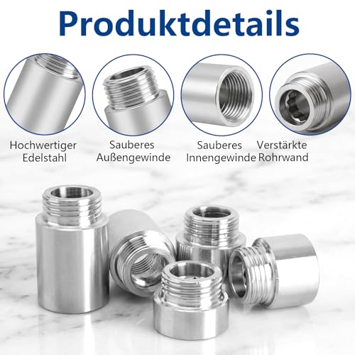 5 Piece Tap Extension 1/2 Inch Stainless Steel Extension Fitting 10/15/20/25/30 mm Tap Extension Water Connection Extension Thread Fitting for Taps Corner Valves Shower Heads