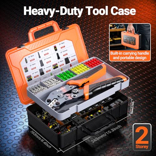 Ratchet Crimping Tool Kit with Crimper,18–14 AWG Wire Crimper, IP67 Waterproof Automotive Electrical Connectors 1/2/3/4/5 Pin & Terminal Removal Tools for Motorcycle, Marine, Boat Waterproof Connectors