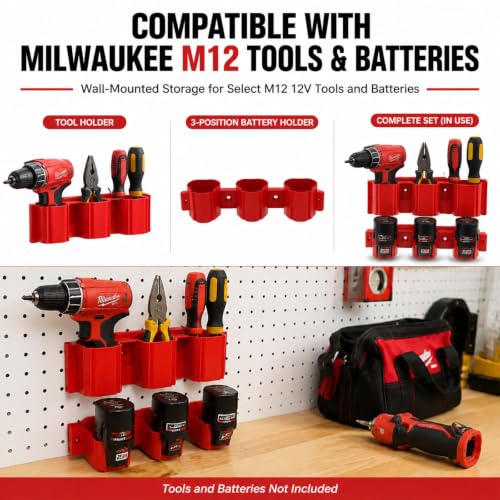 M12 Tool Holder and Battery Holder Wall Mount, Compatible with Milwaukee M12 12V Tools and Batteries, Plastic Drill Hangers and Storage Organizer for Garage, Workshop, Truck and Van, 24 Screws