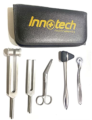 Innotech Diagnostic Reflex and Neurology Sensitivity Diagnostics 5-Piece Set with Nerve Wheel Reflex Hammer Bandage Scissors and Tuning Fork with 512 Hz and 128 Hz (Reflex Set)