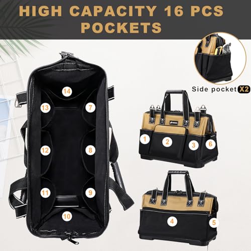 20 IN Large Tool Bag For Men Heavy Duty, Drill Bag Tool Bag Organizer, Wide Mouth Waterproof Hard Bottom Multiple Pockets Tool Tote, Tool Caddy, Maintenance 20 Inch