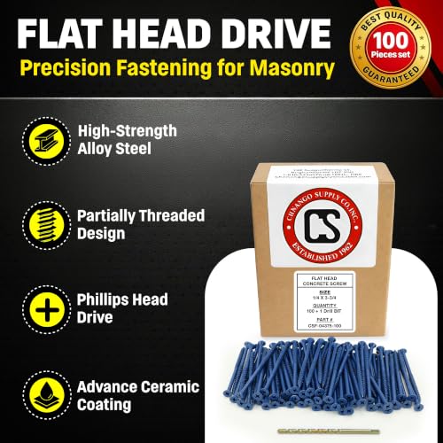 Flat Head Concrete Screw Anchor (1/4 x 3-3/4") 100 Pieces with Drill Bit (Miami-Dade Compliant) Chenango Supply