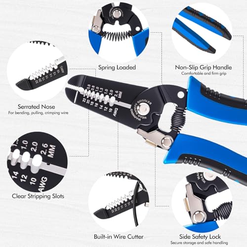 MorningRo 12 Pcs 10-22 AWG Wire Strippers and Cutter with Safety Lock and Spring Loaded 7inch Multi-Function Wire Stripping Tool Insulated Stripping Pliers Bulk for Electrician Craftsmanship