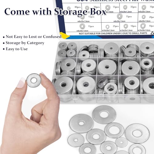 ZQZ 290Pcs Stainless Steel Flat Washers Assortment Kit;Fender Washer M3-M12 15 Sizes 290 Pieces