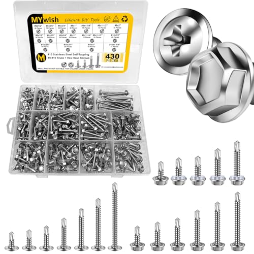 Mywish 430PCS Self Tapping Screws Assortment Kit & 385 Pieces #8#10#12 Hex Head Self Drilling Screws Assortment Kit, 410 Stainless Steel Self Tapping Screws for Metal, High-Strength Self Drilling Scre