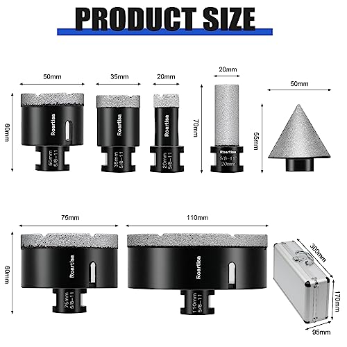 9Pcs Diamond Core Drill Bits Set 5/8"-11 Thread, Porcelain Ceramic Tile Marble Brick Vacuum Brazed Hole Saw Kit (20/35/50/75/100mm Bits+50mm Beveling Chamfer Bit+SDS Shank+Hex Shank) 9