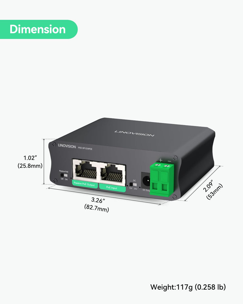LINOVISION Industrial Gigabit 30W PoE Splitter with Switchable DC12V/24V Output and Passive PoE Output for Bridges Like UB Loco5AC, Designed for Cameras and IoT Systems